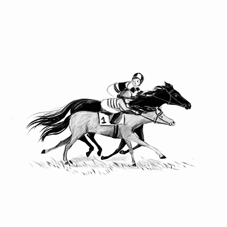 A black and white illustration of two horses racing each other.